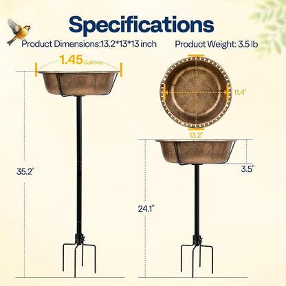 VIVOHOME Bird Bath for Outside, Outdoor 13'' Birdbath Bowl with Metal Ground Stake, Weather-Resistant ABS Bird Bath and Feeder for Garden, 1.45 Gallons, Copper