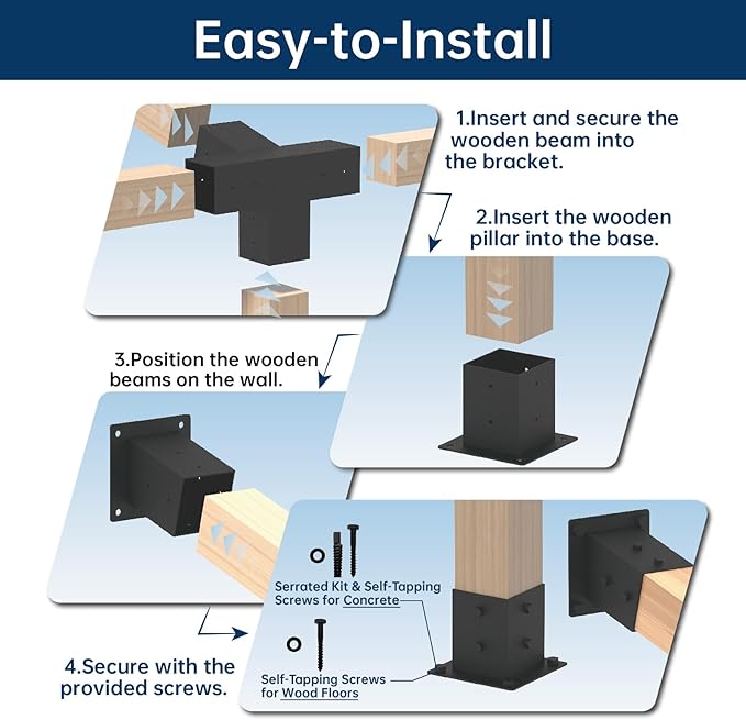 Pergola Bracket Kit 4x4, Including 1 Wall Base, 1 105 ° 4-Way and 1 Bases, 1 Set of Wall Mounted 15° Pitched Roof Mounting Kit for Extension, for Shading Facilities Attached to Walls or Eaves