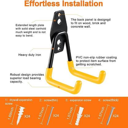 HUPBIPY 12 Pack Garage Hooks Heavy Duty, Wall Mount Ladder Hooks | Storage Organizer With a non-slip coating for Hanging Bicycles Garden Tools Ladders Hoses Ropes and Loose Items(Yellow)