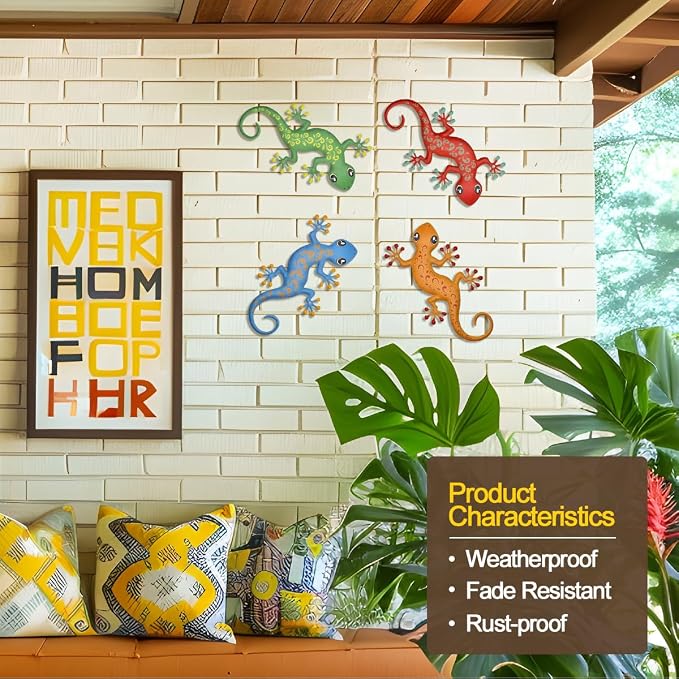 4 Pcs Metal Gecko Outdoor Decorations - Metal Wall Art Hanging Sculpture Decoration for Garden Yard Fence Porch Exterior Wall Decor