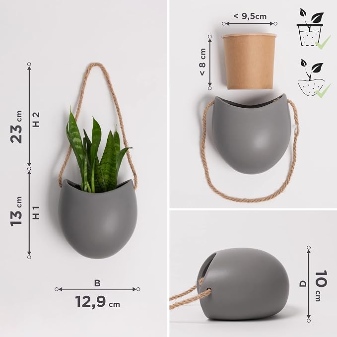 Kazai. Wall Planters -Ellie- | Hanging Ceramic Plant Pots 3 Pieces | Wall Decoration for Indoors, Balcony and Garden | Gray (Matte)