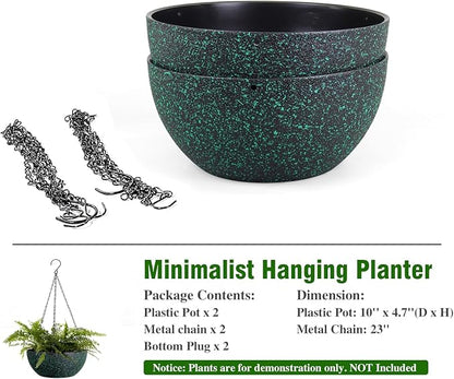 WSMKSZ 10inch Hanging Planters for Outdoor Indoor Plants with Drainage Holes and Chain, 2 Pack Round Hanging Flower Pots for Garden Home Porch Decor, Black with Green Speckles