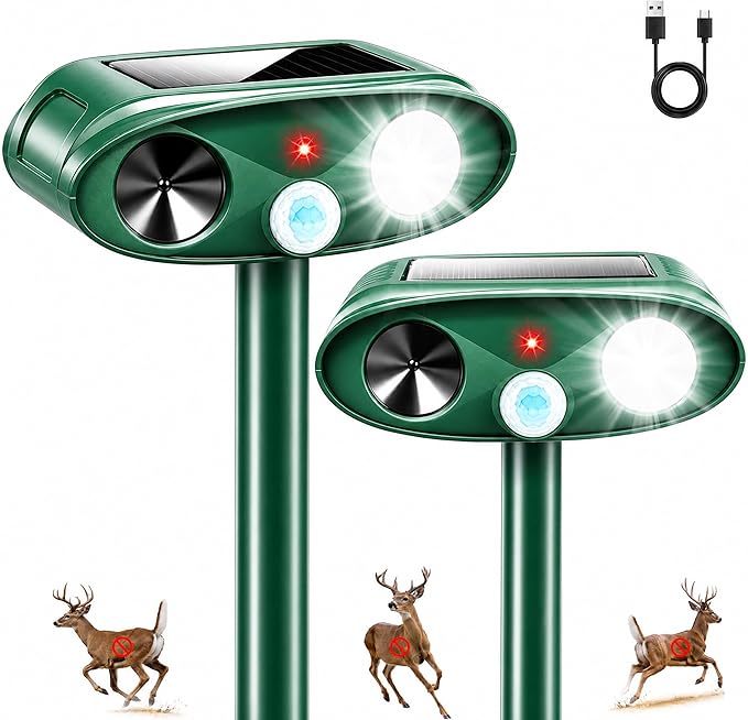 2026 Upgraded Sonic Fortress Pro Deer Repellent Devices with USB Charge,Solar Ultrasonic Animal Repellent with Motion Sensor&Flash Light,Rabbit Fortress Pro to Scare Squirrel Cat Out of Yard 2Pack