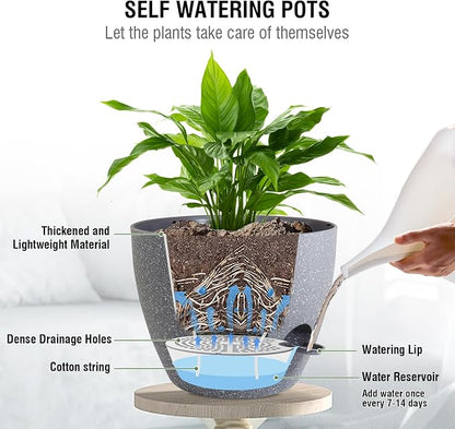 Meowell Self Watering Hanging Planters 10 inch, 2 Pack Hanging Flower Pots for Indoor Outdoor Plants, Hanging Baskets with Drainage Holes & 2 Kinds of Plant Hangers for Garden Decor, Speckled Grey