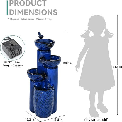 33" H Ceramic Outdoor Water Fountain with LED Lights, 4-Tier Bowl Water Feature with Birds, Cobalt Blue Glaze, Embossed Leaf Pattern, Cascading Waterfall for Tranquil Garden, Patio, or Porch