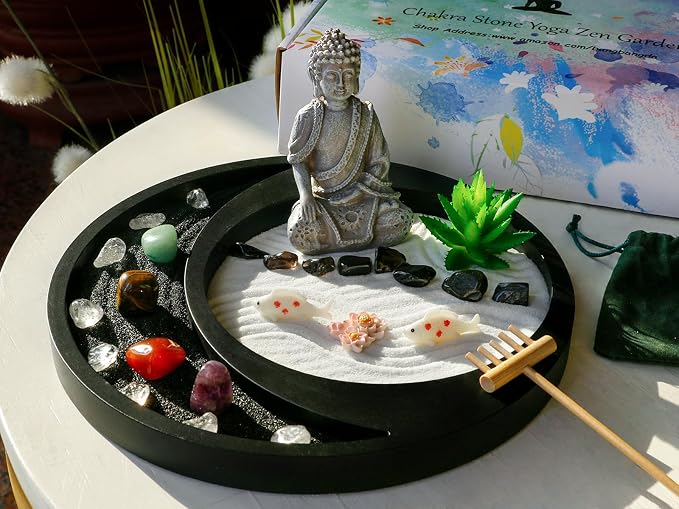 Meditation Buddha Zen Garden Accessories Japanese Desktop Rock Garden with Healing Crystal Stones Shine Altar Sand Tray Therapy Kit Decor Office Home Stress Relief Spiritual Decor Zen Healing Gifts