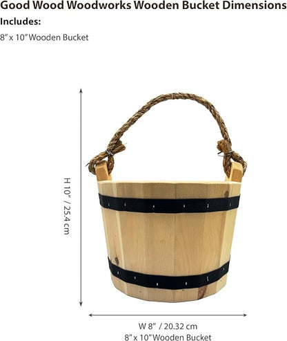 Good Wood - Wooden Bucket 8" x 10" Water Wishing Well Pail with Rope Twine Handle Solid Wood Vintage Style Primitive Planter - Made in The USA