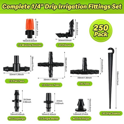 250 Pcs 1/4 Inch Drip Irrigation Fittings Kit, Complete Barbed Connectors Set for 1/4" Tubing - Includes Nozzles, Nozzle Tees, Single Barbs, Couplings, Tees, Elbows, Plugs, Crosses, Stakes