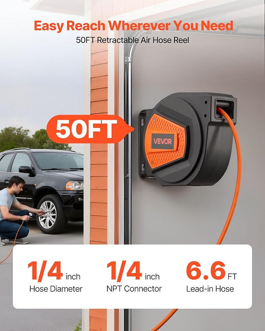 VEVOR Retractable Air Hose Reel, 1/4 Inch x 50 FT Hybrid Air Hose Max 300PSI, Enclosed Air-Compressor Hoses Reel Auto Rewind with 6.6 ft Lead in & Blow Gun, 180° Swivel Ceiling/Wall Mount