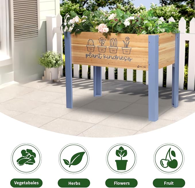 Raised Garden Bed for Kids - 30”L*16”W*24”H Elevated Wooden Planter Box Stand, Backyard, Patio, Balcony w/Bed Liner, 170lb Capacity (Blue)