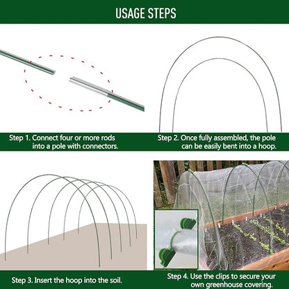 MAXPACE Greenhouse Hoops Kit, DIY 8ft Grow Tunnel, Fits Raised Garden Beds Up to 2.7ft Wide, 25 Pcs Rust-Proof Fiberglass Frame Support Rods for Row Cover, Shade Cloth, Frost Netting & Plant Stakes