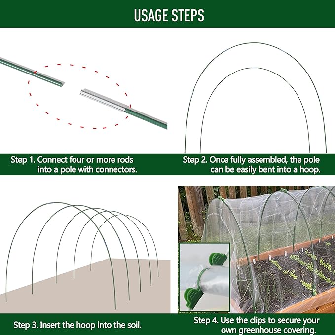 MAXPACE Greenhouse Hoops Kit, DIY 8ft Grow Tunnel, Fits Raised Garden Beds Up to 2.7ft Wide, 50 Pcs Rust-Proof Fiberglass Frame Support Rods for Row Cover, Shade Cloth, Frost Netting & Plant Stakes