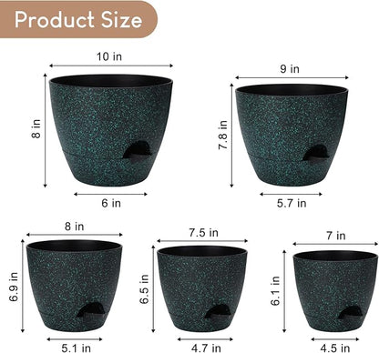 YNNICO Plant Pots 10/9/8/7.5/7 inch, Self Watering Planters with Drainage Holes & Saucers for Indoor and Outdoor Plants (Green Speckles)