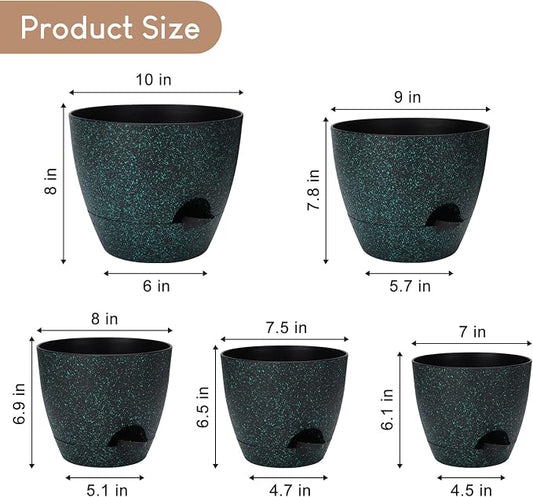 YNNICO Plant Pots 10/9/8/7.5/7 inch, Self Watering Planters with Drainage Holes & Saucers for Indoor and Outdoor Plants (Green Speckles)