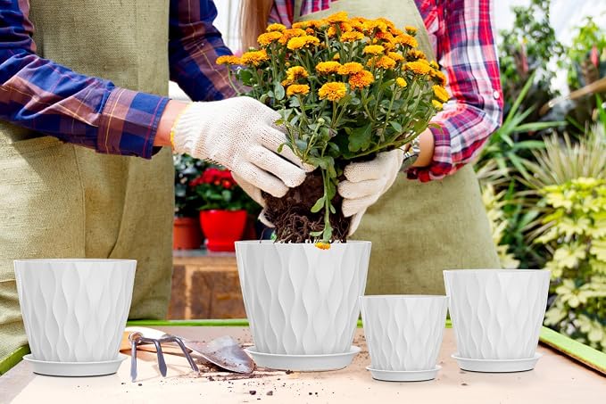 4/4.5/5/5.5/6/6.5/7 Inch Plant Pots,7 Pack Flower Pots with Drainage Holes and Trays,Plastic Planters for Indoor Outdoor Plants Growth,White