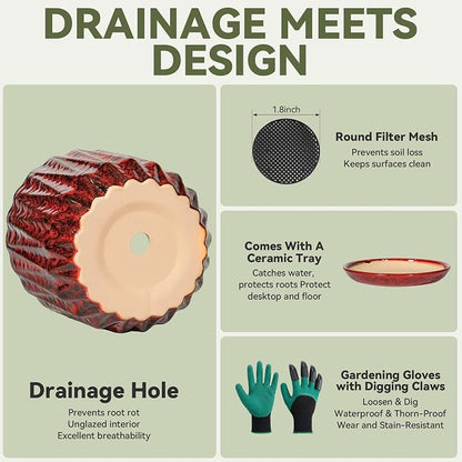 7.5 Inch Ceramic Planter Pot with Saucer Drainage Leak-Proof Mesh,Flower Pots for Indoor Plants with Gardening Gloves,Ceramic Planter(Spotted Red)