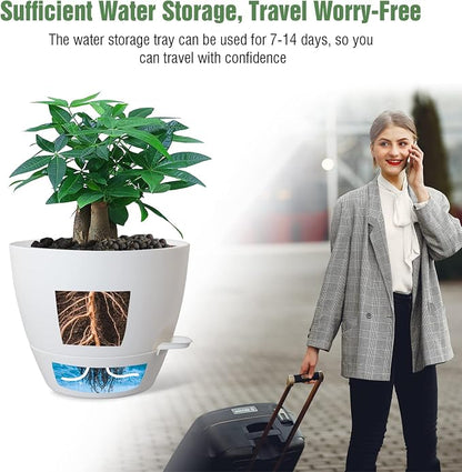 UOUZ 12inch Self Watering Pots, Plastic Planters with Mesh Drainage Holes and Deep Reservoir for Indoor Outdoor Garden Plants and Flowers, White