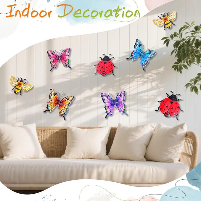 DEWEL 8 Pcs Metal Garden Decor for Outside, 3D Butterfly Ladybug Bee Outdoor Wall Art Decor, Colorful Hanging Decorations for Spring Garden Fence Patio Yard, Great Gift Choice