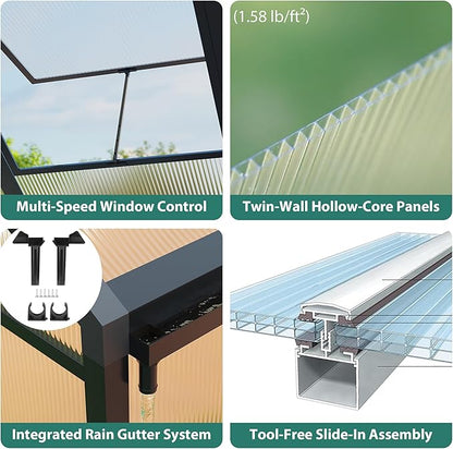 Garvee 6x10ft Walk-in Greenhouse, Heavy Duty Large Outdoor Green House | Polycarbonate Garden Greenhouse with Roof Vent, Lockable Outward-Opening Swing Door & Aluminium Frame for Backyard, Grey