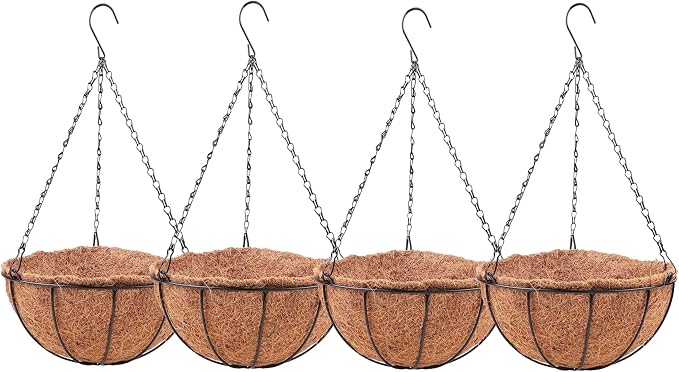 LaLaGreen Hanging Baskets for Outdoor Plants (4 Pack, 14 Inch) Large Hanging Planter with Coco Liner Round Flower Pots, Black Metal Wire Plant Holder Hook Deck Porch Modern Garden Balcony Rustic Decor