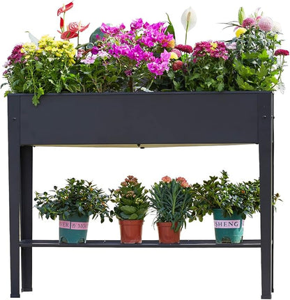 Raised Garden Bed, Elevated Planter Black Metal Plant Box with Legs Standing Garden Stand Drainage Holes Black