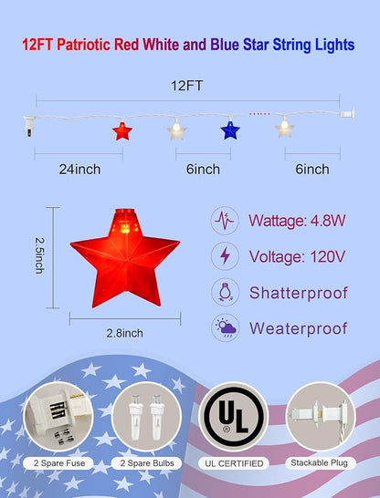 12Ft 4th of July String Lights, 20L LED Red White and Blue Star Lights Plug in for Patriotic Home Porch Mantel Classroom Backyard Tree Decor, Independence Day Decorations, Indoor and Outdoor Use