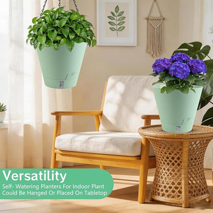 8 Inch Hanging Planters Indoor Outdoor, 3 Pack Plastic Self Watering Plant Pots with Drainage Holes & Saucers, Hanging Baskets Flower Pots with Chain for Ivy, Spider Plant, Pothos, Ferns