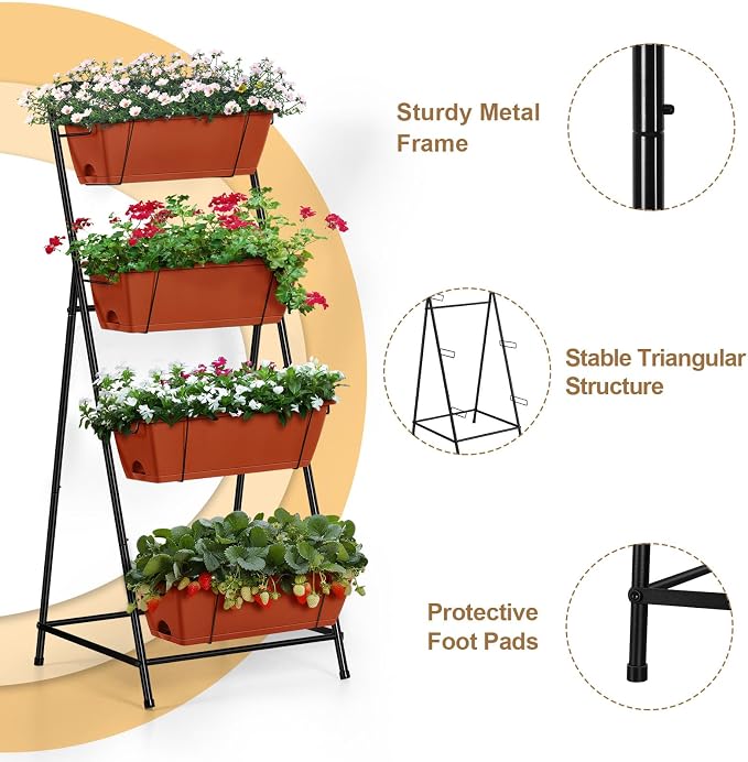 4 Tier Vertical Raised Garden Bed Planters for Outdoor Plants Herb Garden Planter with Drainage Holes Standing Garden Planters for Herbs Flowers Vegetables Plants (Brick Red)