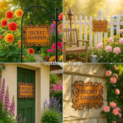 Rustic Iron “Secret Garden” Hanging Sign, Natural Rust Patina Metal Plaque with Ornate Cutout Scrollwork and Chain, Garden Gate & Wall Decor, 7.9 × 5.9 Inches