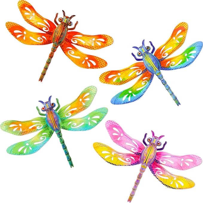 Metal Dragonfly Wall Decor, 4Pcs Dragonfly Iron Wall Art Sculptures Hanging Sculpture Decoration.Outdoor Fence Art 13.58 * 9.45 Inch for Home Garden, Fence, Patio, Yard, Bedroom Outside Gifts for Adults