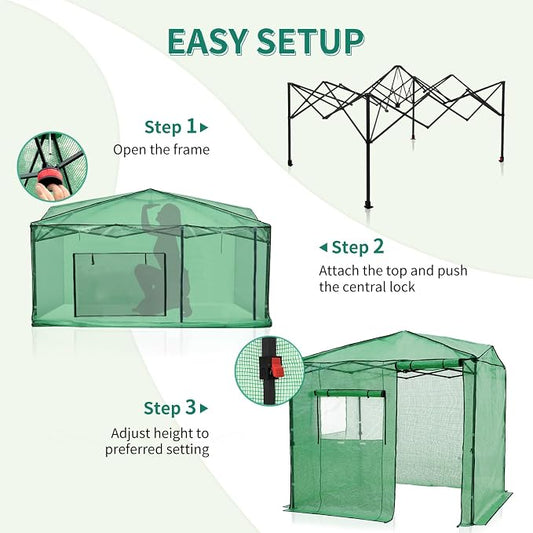 EAGLE PEAK 6x8 Portable Walk in Greenhouse, Pop Up Indoor Outdoor Greenhouse, Green House Kit with Zippered Roll-Up Doors and Windows, Side Door Design, PE Cover, Clear/Green