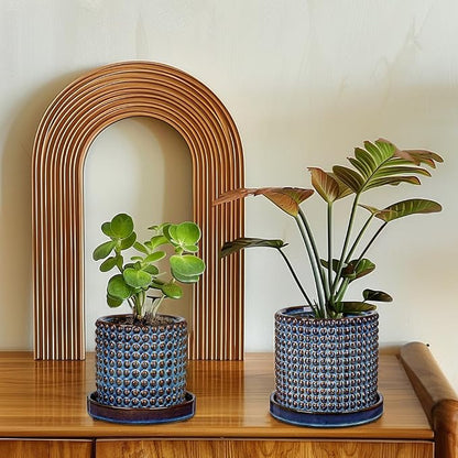 DILATATA Set of 2 Ceramic Planter Pots with Drainage Hole and Saucer, Round Flower Pot Hobnail Modern Planter Pots for Indoor & Outdoor Plants - 4 Inch & 6 Inch, Blue