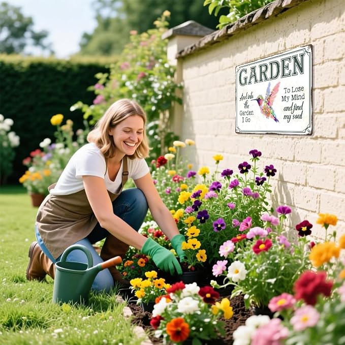 Hummingbird Floral Gardening Metal Tin,And Into The Garden Sign | Funny Garden Wall Art for Porch Garden Yard Patio Fence Yard Indoor Outdoor Wall Decor