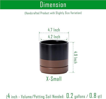 D'vine Dev 4.7 Inch Ceramic Planter Pot, Black/Tan, 94-O-B-7 | Modern Cylinder Design, Drainage Hole & Saucer Included, Stable Structure, Elegant Home Accent