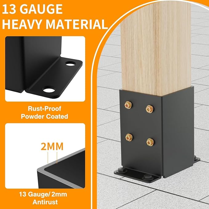 6x6 Post Base, Inner Size 5.6x5.6 Inch, Heavy Duty Post Anchor Base(4 Pcs) | 13 Gauge Thick Steel, Rust-Proof-Coated, Bottom Isolation Design – Corrosion Protection, for Pavilion, Porch, Railing