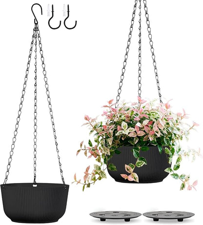 8 Inch Hanging Pots for Indoor Outdoor Plants Set of 2 | Self-Watering Hanging Planters with Internal Saucers, Drainage Holes & Plugs (Hooks)