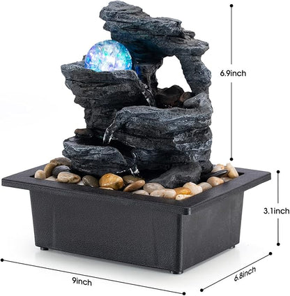 Amootek Table Top Fountain Spin Ball Rock Waterfall Fountain Office Table Top Fountain Includes Many Natural River Rocks Decorated with Colorful Lights and Rollers 9.05" L x 6.95" W x 10.25" H