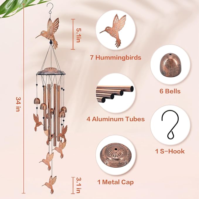 Hummingbird Wind Chimes Outdoor Hummingbird Gifts for Women/Men/Mom/Grandma Birthday Gifts Memorial Gift Metal Bird WindChimes for Outside/Indoors, Home, Porch, Patio, Garden Decor, Yard Decorations