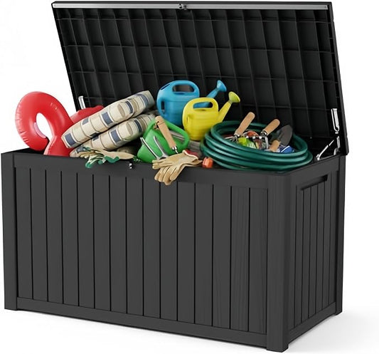 180 Gallon Deck Box, Waterproof Resin Rattan Outdoor Storage Box with Lockable Lid, Fade Resistant Patio Storage Box for Garden Tools, Pool Accessories, Outdoor Cushions, Black