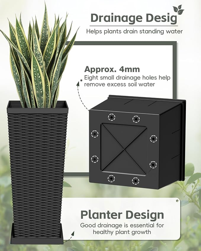 Greesum Set of 2 Tall Plastic Planters with Saucer, 24 Inch Large Pots with Drainage Trays, Weather-Resistant Plastic Plant Containers for Patio, Porch, Garden,Black