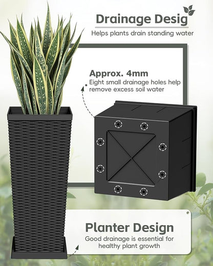 Greesum Set of 2 Tall Plastic Planters with Saucer, 24 Inch Large Pots with Drainage Trays, Weather-Resistant Plastic Plant Containers for Patio, Porch, Garden,Black