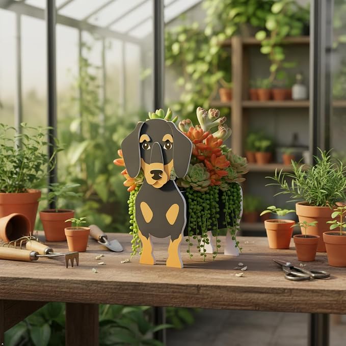 Dachshund Dog Planter Pots, 9.45 x 7.5 x 13.39 Inches | Dog Flower Pot, Cute Animal Shaped Plant Pot, Gifts for Women & Pet Lovers, Indoor Outdoor Garden Home Office Decor