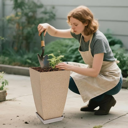 Neoaider Set of 2 Tall Planter, 21 inch Large Plastic Planter, Marble | Ceramic-Look, Lightweight, Built-in Drain Hole, Saucers, Tall Outdoor Planter for Porch, Garden, Patio, Balcony