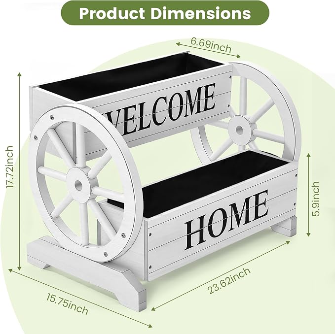 24" White Extra Large 2-Tier Wooden Wagon Planter Box | Whitewashed wood flower cart with drainage holes, liner, wagon wheels, and WELCOME HOME detail for porch and patio decor
