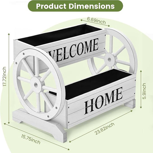 24" White Extra Large 2-Tier Wooden Wagon Planter Box | Whitewashed wood flower cart with drainage holes, liner, wagon wheels, and WELCOME HOME detail for porch and patio decor
