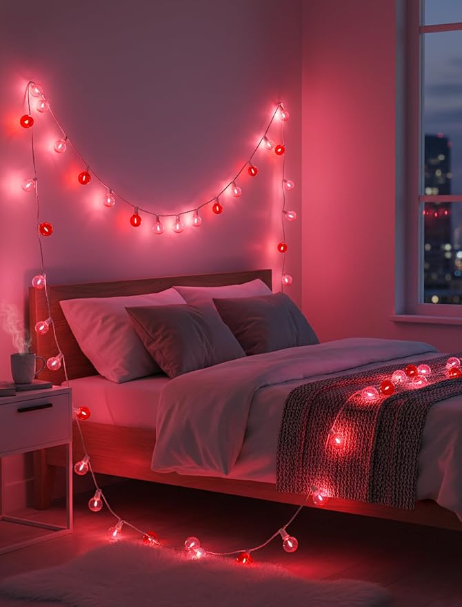 LED Valentine’s Day String Lights, 50Ft Valentines Decorations Outdoor | 25+2 G40 Round Bulbs, Connectable, Shatterproof Hanging Indoor Fairy Lights for Wedding Date Patio, Clear Red Pink