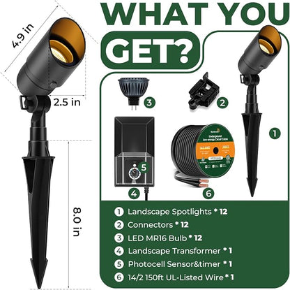 Gardencoin All-in-One LED Low Voltage Landscape Lighting Kit, 5W Spotlights with 200W Transformer 150ft Wire and 12 Fastlock Connectors, 2700K Waterproof Aluminum Fixture for House Tree Yard Garden