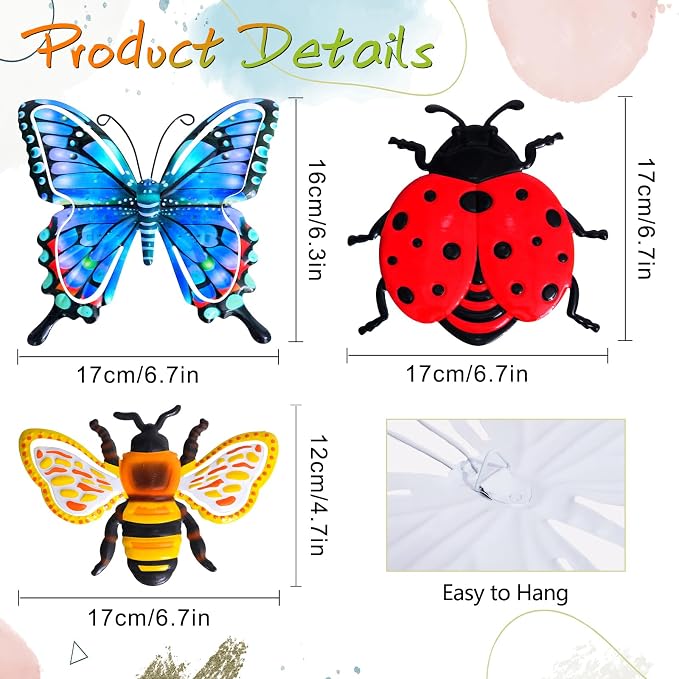 DEWEL 8 Pcs Metal Garden Decor for Outside, 3D Butterfly Ladybug Bee Outdoor Wall Art Decor, Colorful Hanging Decorations for Spring Garden Fence Patio Yard, Great Gift Choice