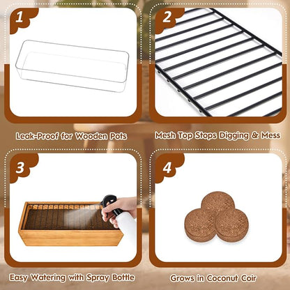 Wooden Cat Grass Planter (no Seeds Included) Anti Digging Design，with Anti-Digging Grid, Potting Soil Disks,Watering Bottle and Removable Plastic Liner,Cat Grass Kit for Indoor Cats Rabbits Pets