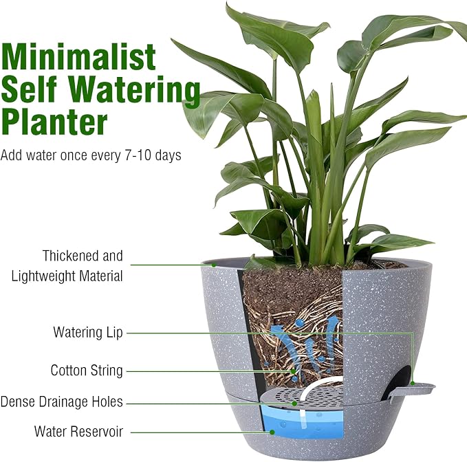 WSMKSZ Big Self Watering Pots 12/10/9 inch, Planter, Plant Pots with Mesh Drainage Holes for Indoor Outdoor Garden Plants, Plastic Flower Pots with Removable Deep Reservoir, Speckled Grey